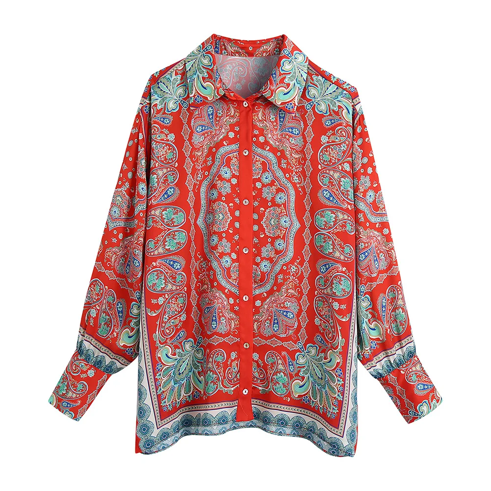 

Boho Clothing Lapel Collar Long Sleeve Bohemian Vintage Paisley Print Shirt Side Vent Button Up Loose Shirts For Women 2022 Tops
