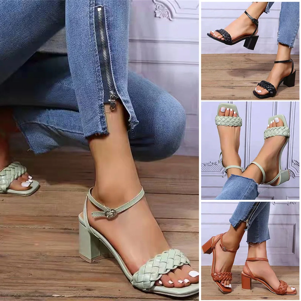 

Women's Heeled Sandals Square Toe Knitted Braid Style Strappy Ankle Heels Thick High Heels Woman's Open Toes Shoes NOV99
