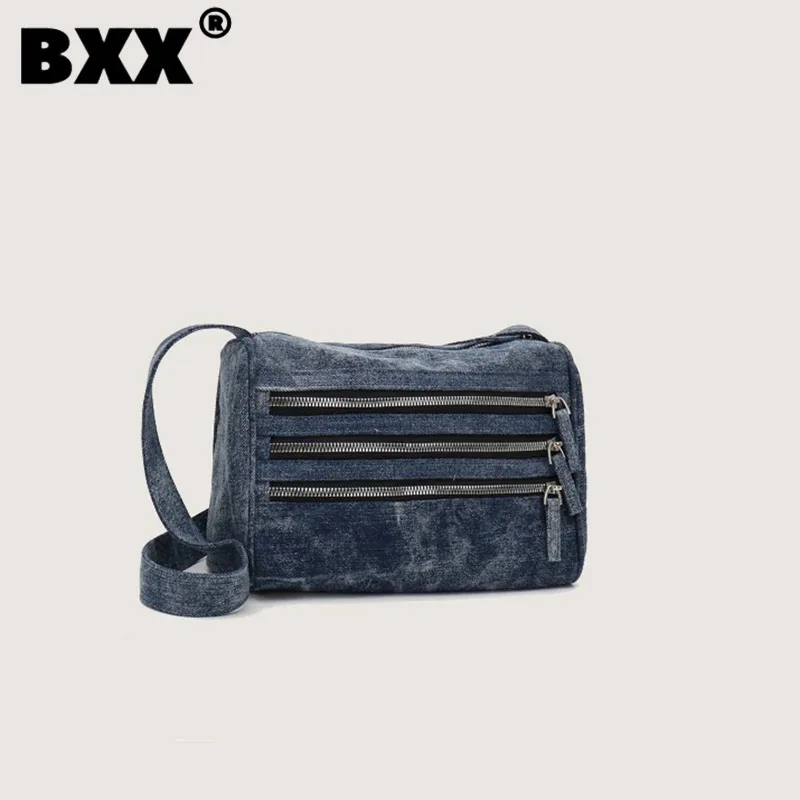 

[BXX] Multi-zipper Spliced Denim One Shoulder Bag Fashion Vintage Underarm Bags 2023 New Trendy Female Versatile Handbag 8CY1158