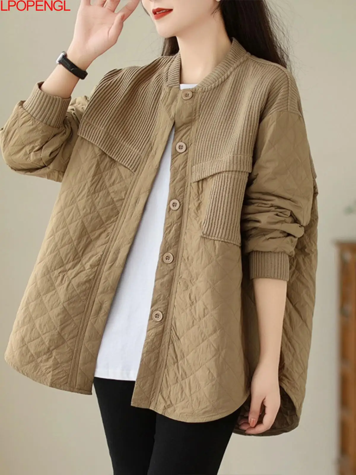 

Jacket Coat Woman Vintage Paneled Knitted Diamond Shirt Women's Loose Casual Design Sense Niche 2023 Fall Winter Coat