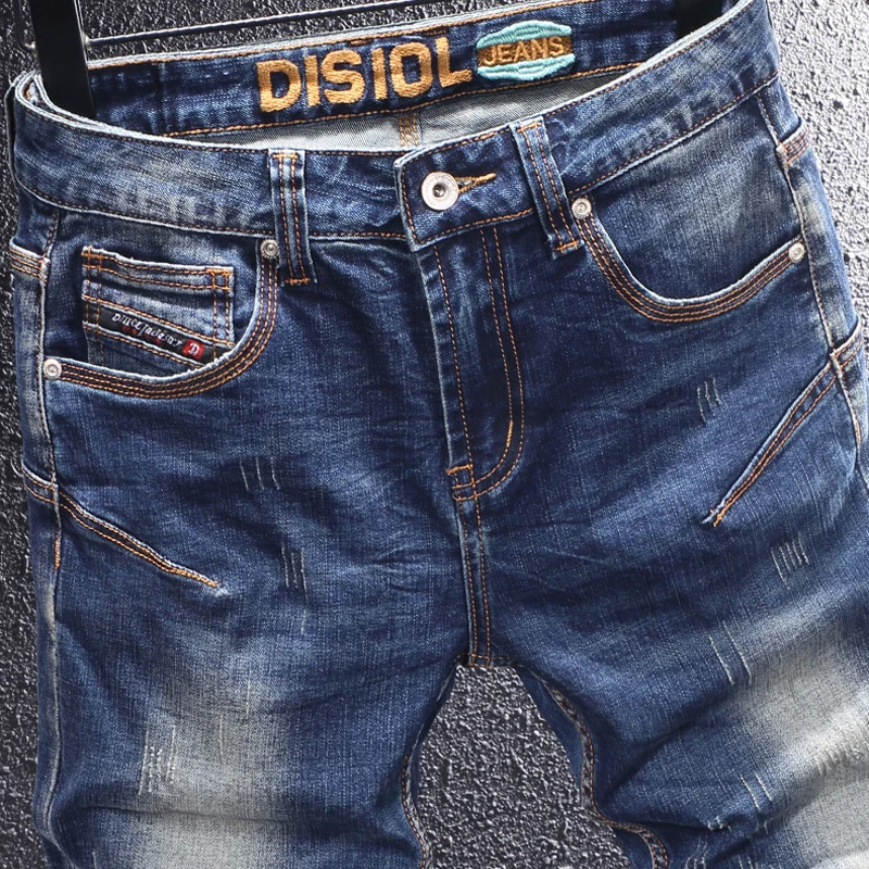 Итальянский стиль модные мужские джинсы потертые синие эластичные облегающие