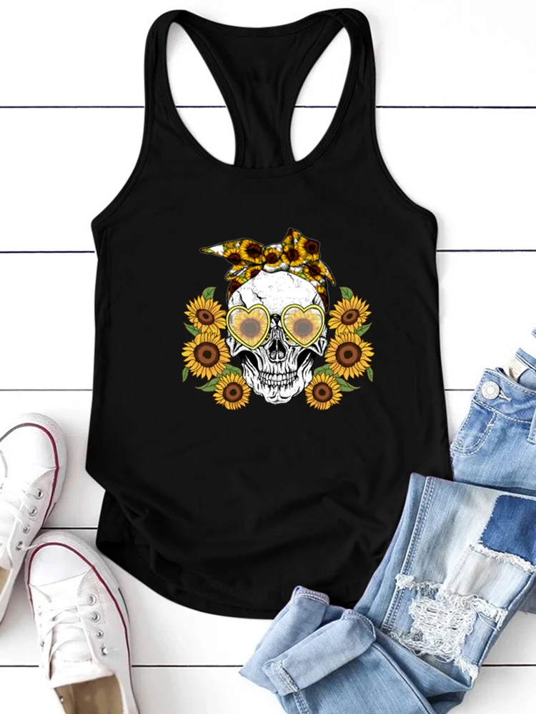 Забавные женские майки с принтом черепа подсолнуха летняя жилетка без рукавов в