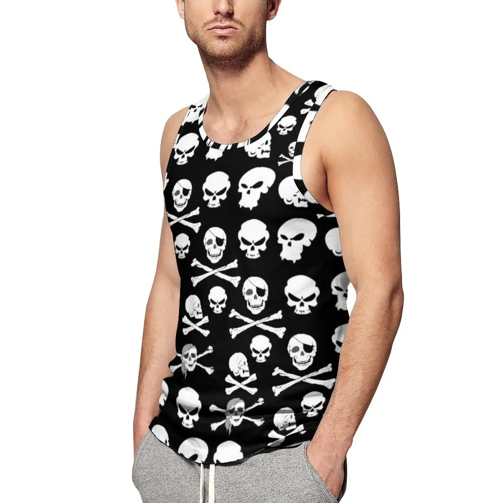 

White Skull Tank Top Male Pirate Cross Bones Skulls Tops Summer Design Bodybuilding Trendy Oversize Sleeveless Shirts