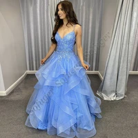 blue sparkly tiered aline evening dresses prom straps robe de soiree graduation celebrity vestidos fiesta women formal 15 ans