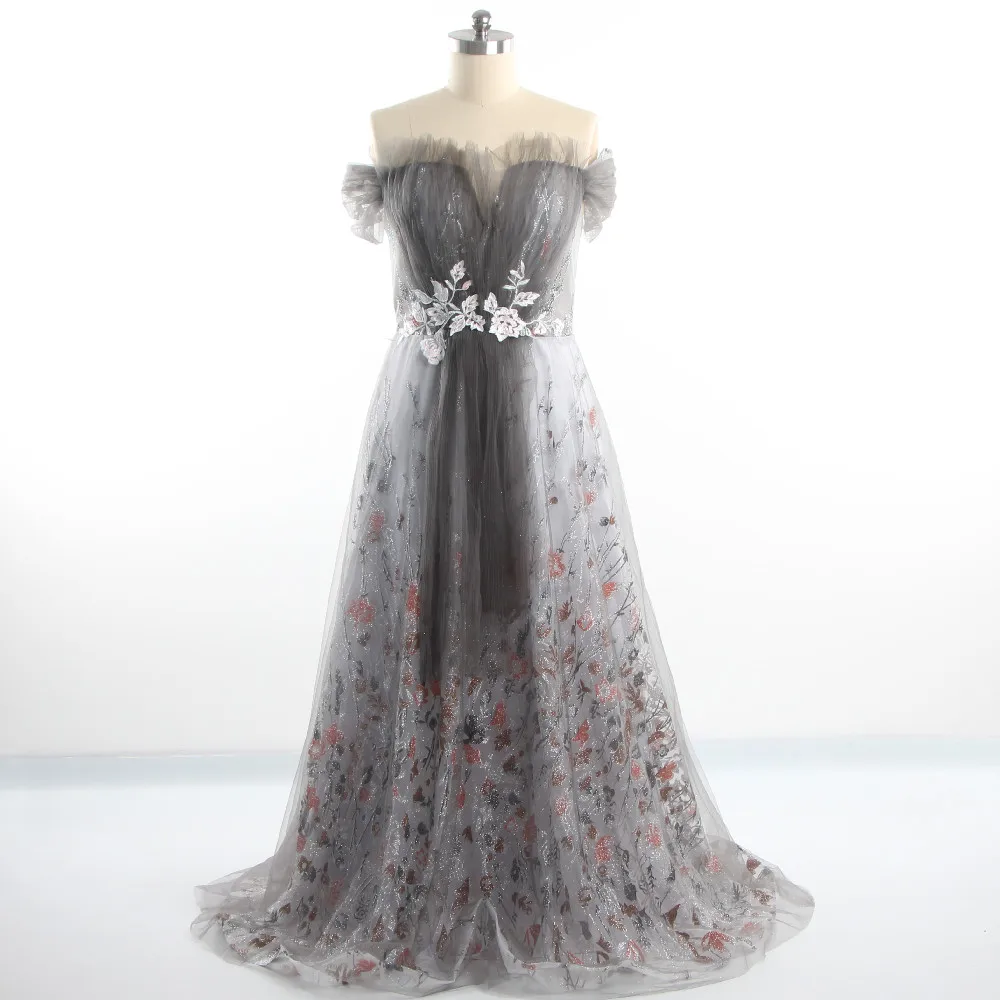 

Evening Dresses Gray Bling Off the Shoulder Short Sleeves Pleat Lace Tulle A-line Floor Length Plus size Women Party Dress A794