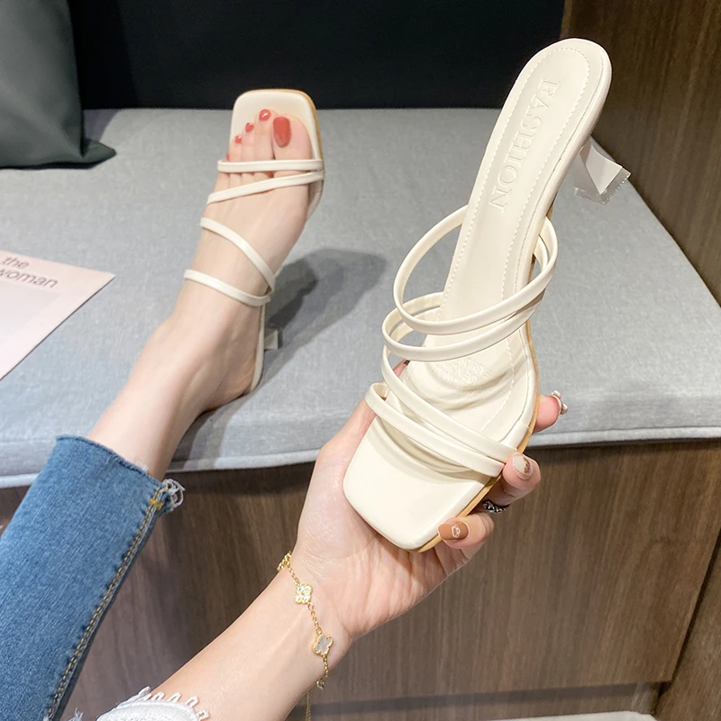 

Мюли женские на тонком каблуке, повседневные шлепанцы, квадратный носок, Роскошные туфли-лодочки средней высоты, римские модные тапочки, ре...