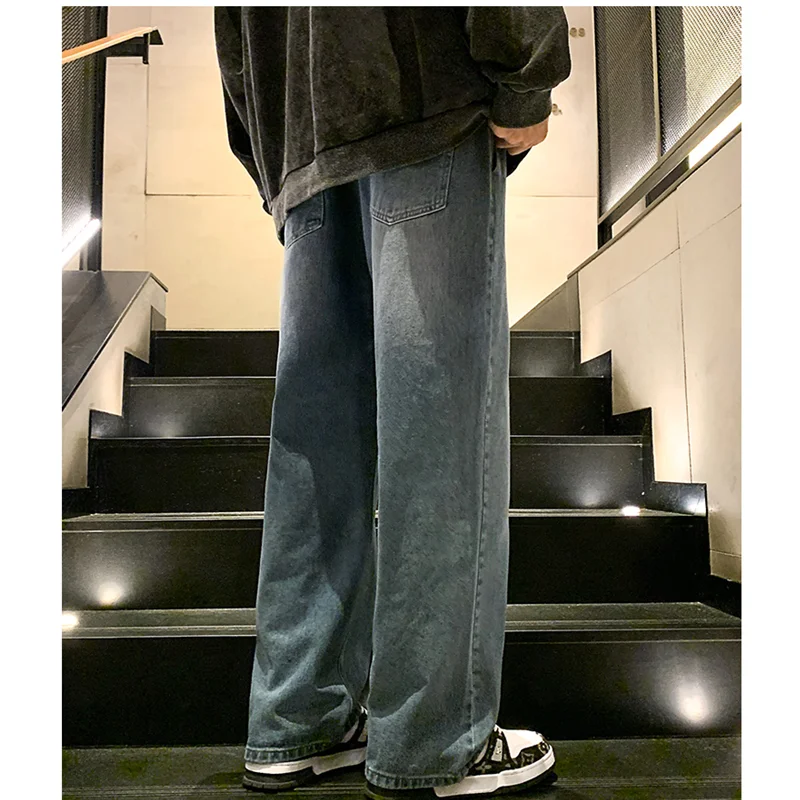 Streetwear Men 2022 Fashion New Pattern Vintage Recreational Blue Jeans Loose Straight Cylinder Broad Leg Trousers Autumn Female