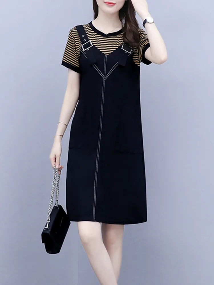 

Женское ТРАПЕЦИЕВИДНОЕ ПЛАТЬЕ с имитацией двух частей, летнее свободное платье большого размера в Корейском стиле, в полоску, с карманами и ...