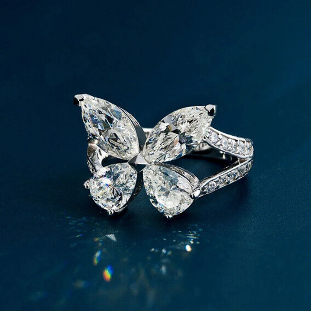 

Huitan Exquisite Butterfly Shaped Silver Color Wedding Rings for Women Luxury Crystal Cubic Zirconia Female Ring Party Jewelry