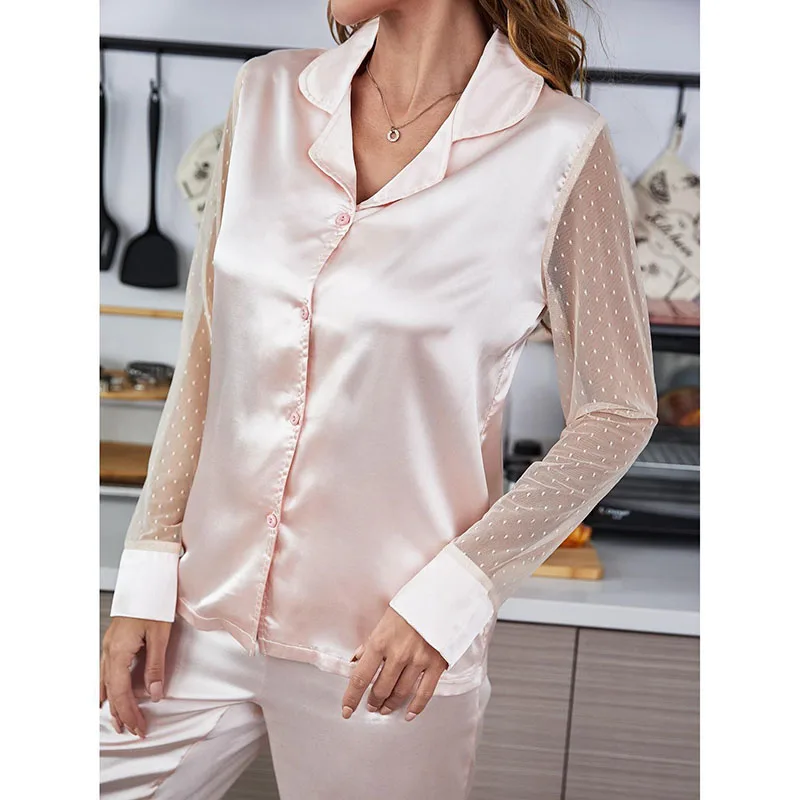 Women 2 Pieces Silk Pink Sleepwear Long Sleeve Button Lace Shirt and Pants Pajamas Set