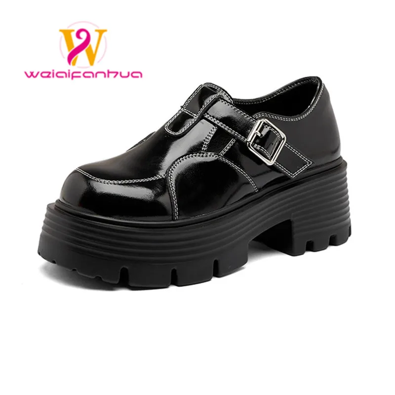

Genuine leather loafers for women 2022 new British style round toe platform casual single shoes school uniform shoes heels wome