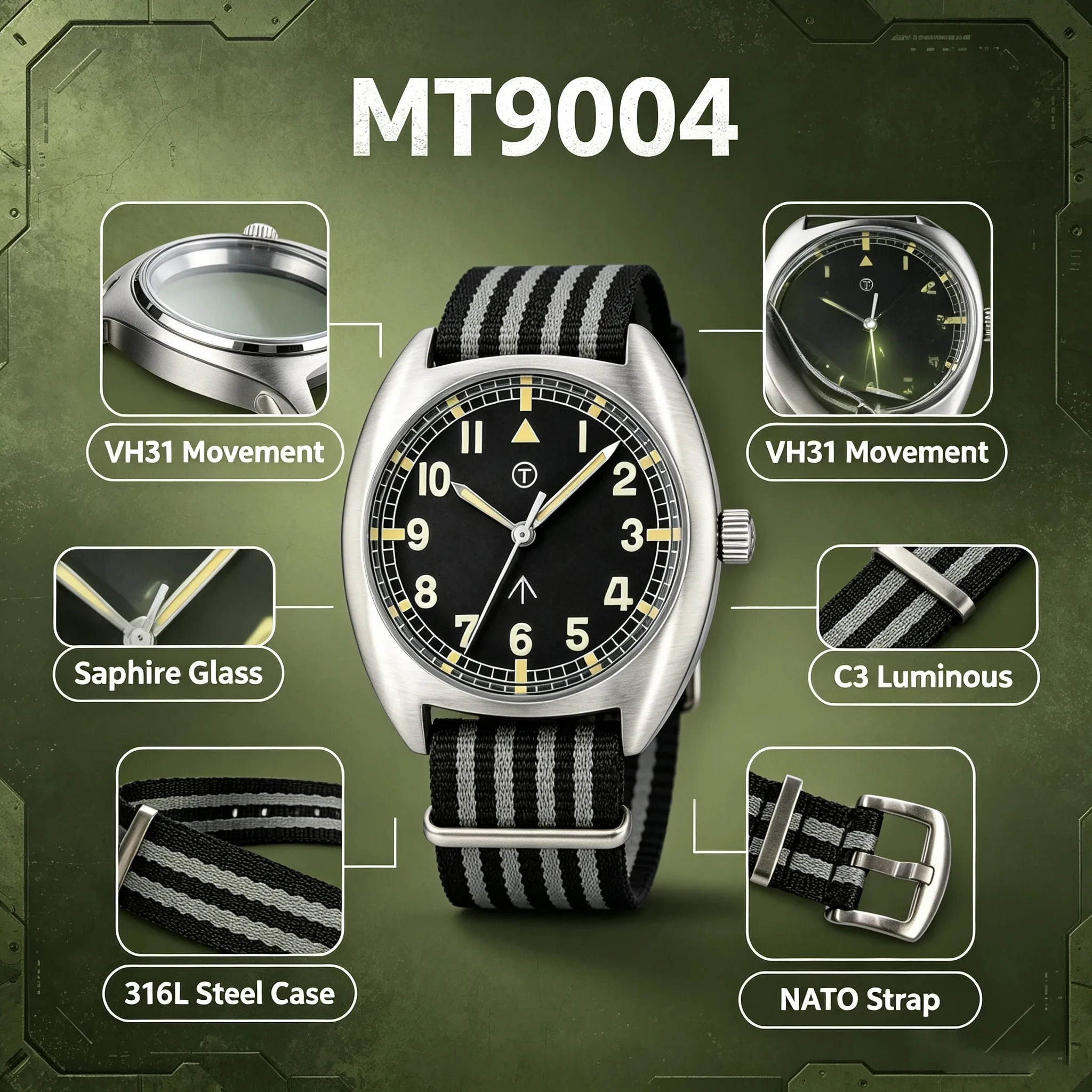 Фото MILITREK MT9004 Винтажные военные кварцевые часы W01 38 мм из нержавеющей стали 316L, водонепроницаемость 100 м, сапфировое стекло, люминесцентные часы C3 для мужчин №5