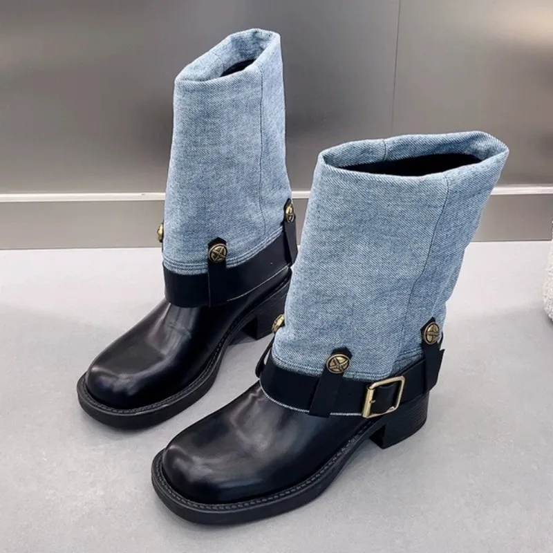 

Women Cowboy Chelsea Ankle Boots 2023 New Brand Designer Mid Heels Platform Shoes Winter Chunky Pumps Shoes Motorcycle Botas