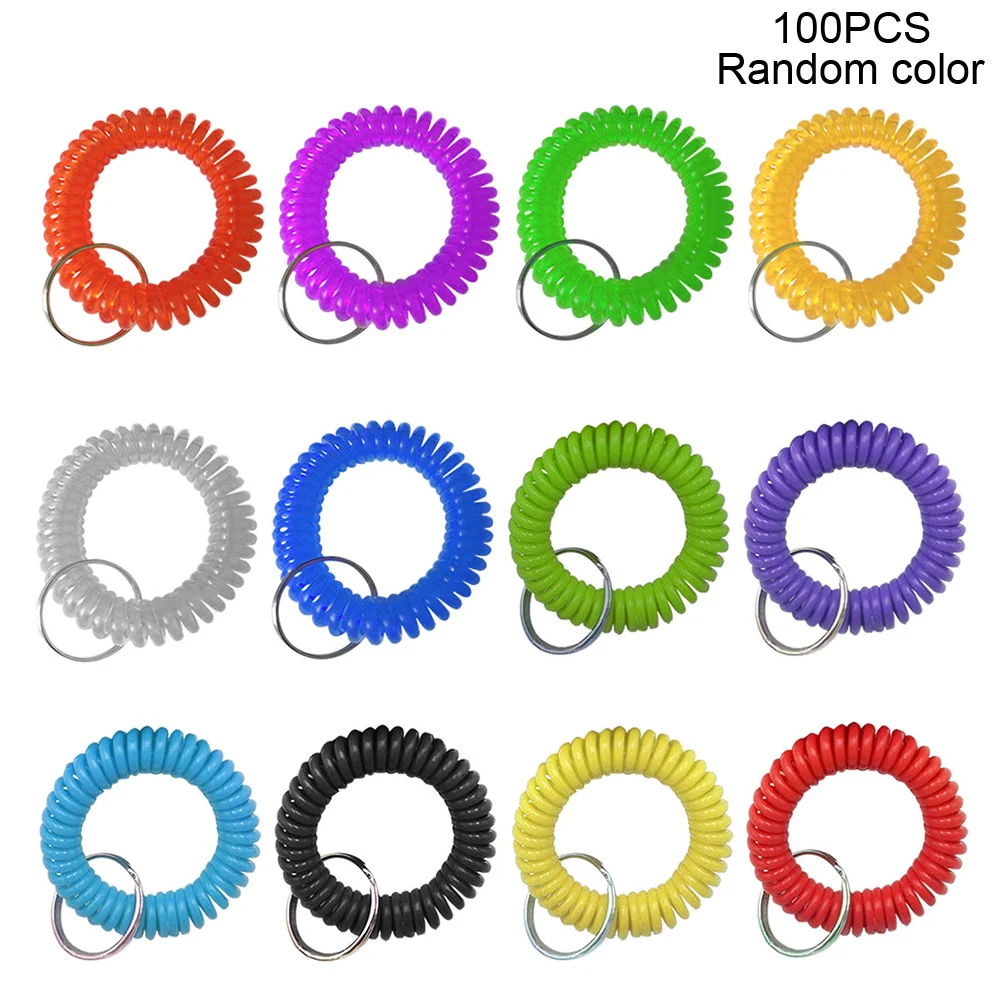 

100pcs Multipurpose Home Office Sauna Spring Wrist Coil Wristband Keychain Key Ring Shopping Plastic Outdoor Sports Stretchable