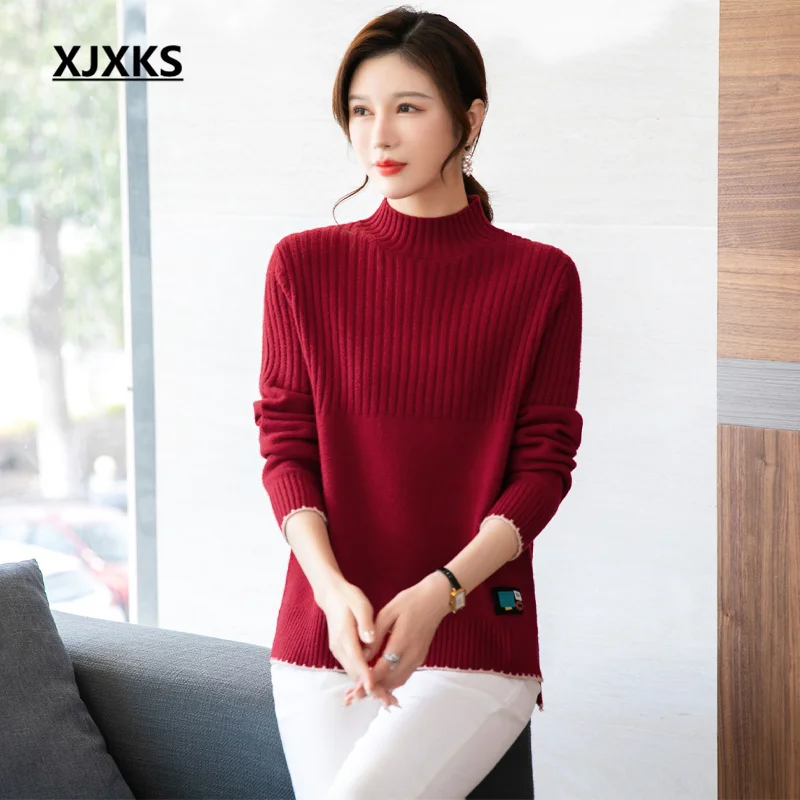 

Однотонный женский свитер XJXKS с высоким воротником, новинка зимы 2022, мягкий шерстяной вязаный пуловер, рубашка, эластичная, темпераментная
