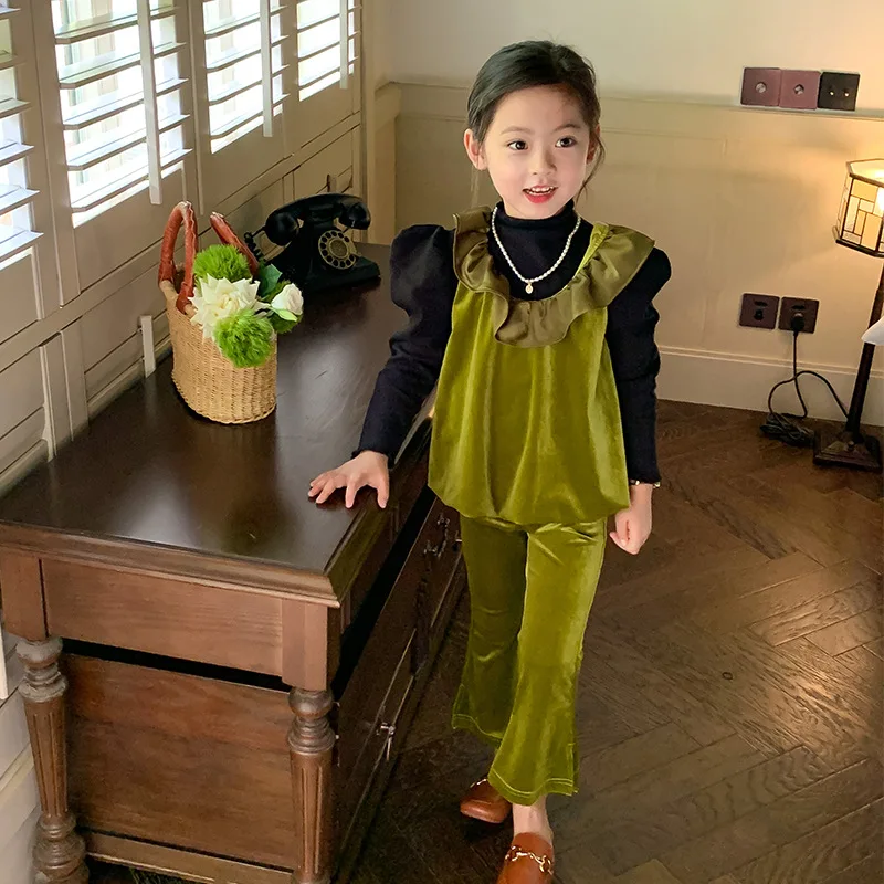 

2022 Autumn Velvet Kids Sleeveless Baby Little Girls Clothes Set Tops Vest And Pants Fashion Toddler Children's 2 Peices Suits