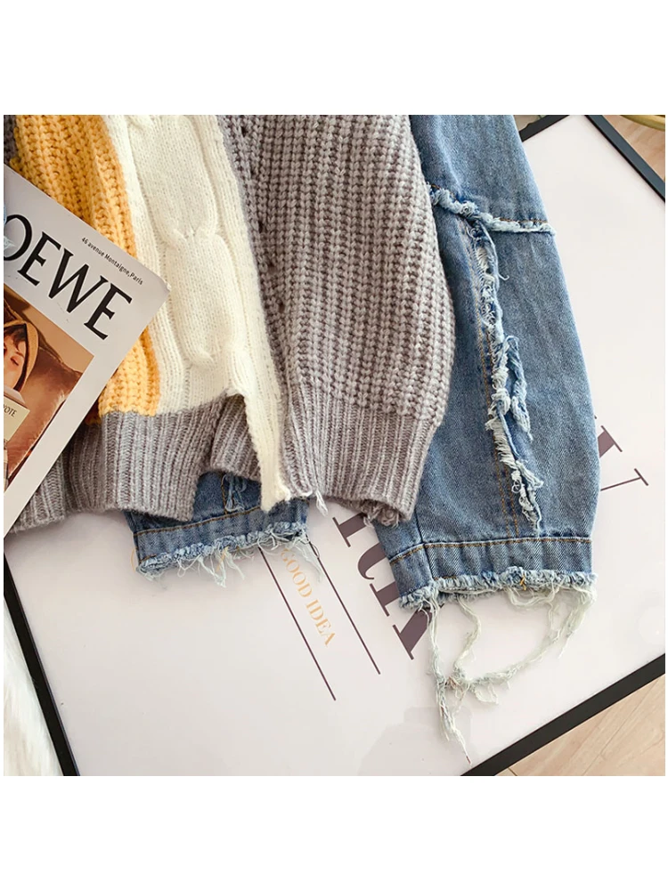 Джинсовый вязаный свитер с длинным рукавом Женская осенне-зимняя новая блузка