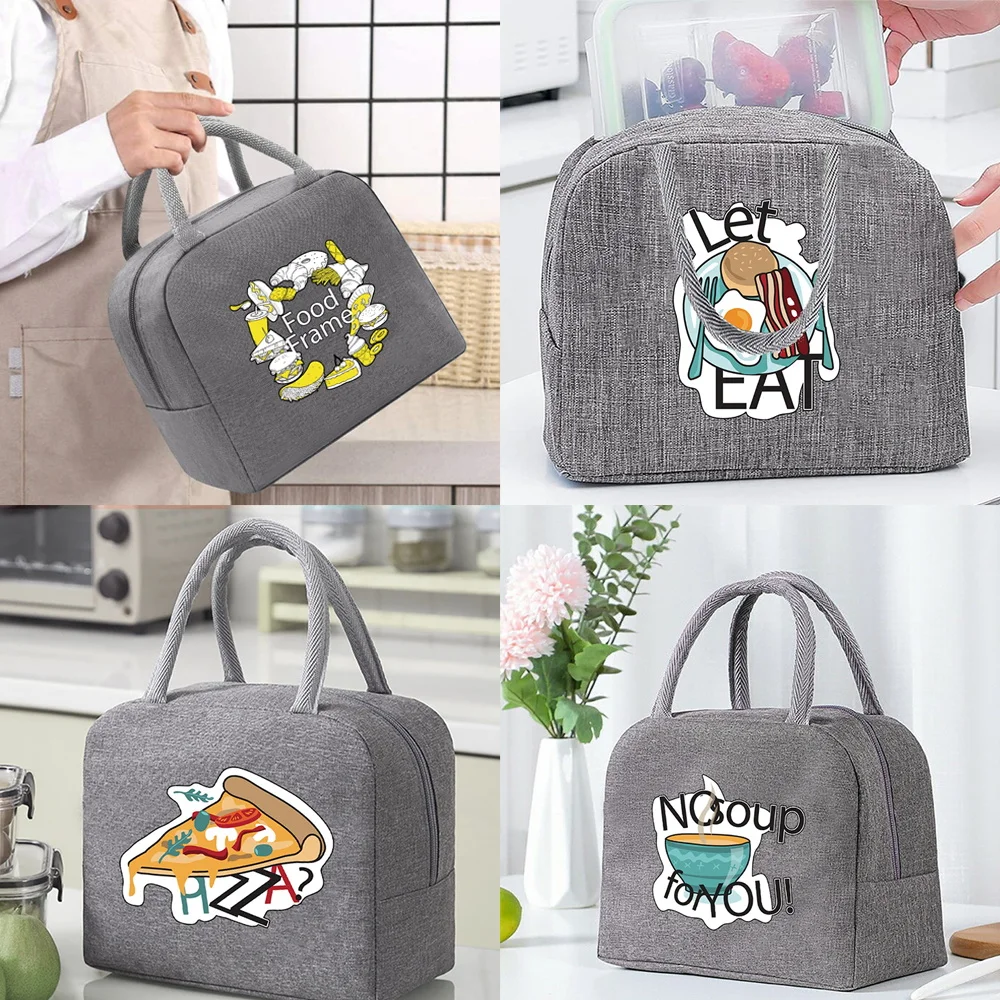 

Lunch Bag for Women Kids Portable Insulated Cooler Bag Thermal Food Picnic Lunch Box Ice Pack Tote Pouch Grey Food Pattern
