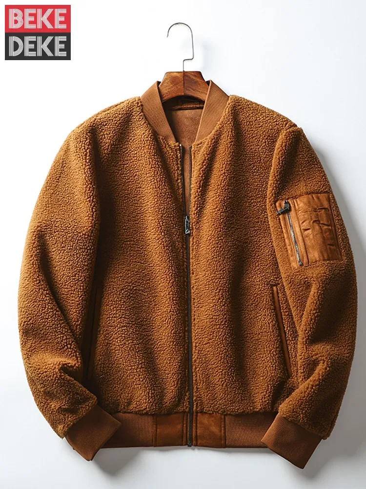 Мужская приталенная куртка-бомбер из искусственной овечьей шерсти с