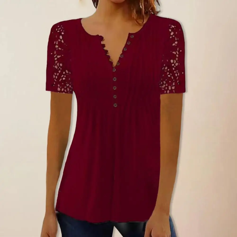 

Chic Summer T-shirt Hollow Out Pullover Women Summer Blouse Slim Fit Buttons Women Top