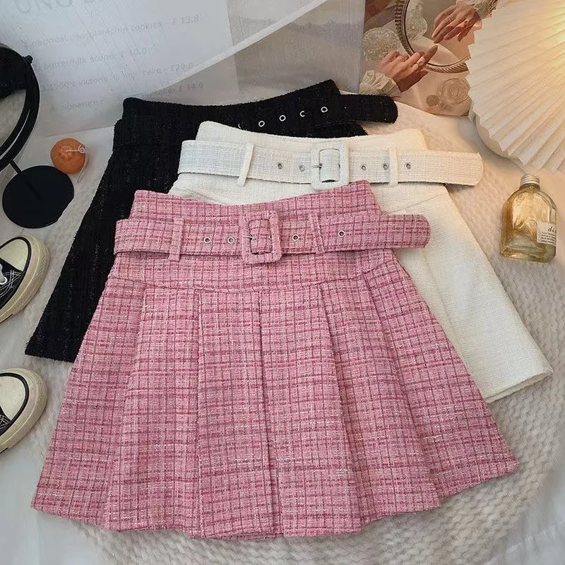 Pink pleated skirt for women's autumn new Korean  slim  high waisted A-line short skirt  harajuku  Slim Fit