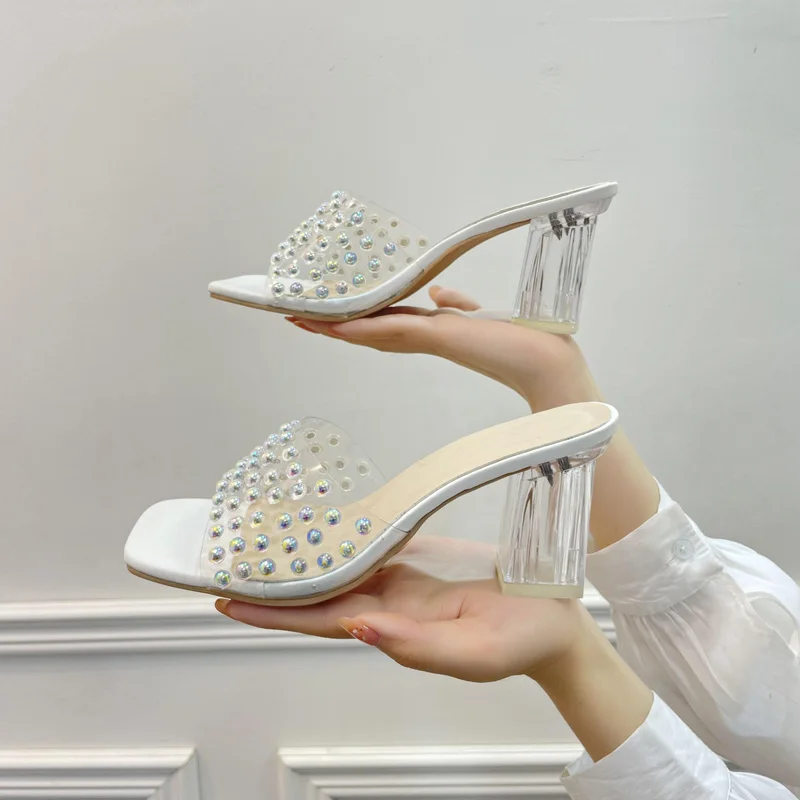 

Fashion Square Toe Sandals and Slippers Summer Crystal Heel Sexy Outer Wear Open Toe Rhinestone Women's Shoes Fashion All-match