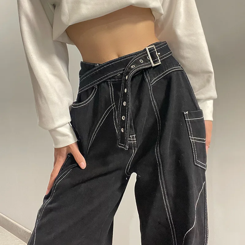 

Straight Jeans Vintage High Waist Women Streetwear Straight Baggy Denim Pants Belt Fashion Loose Women Y2K Wide Leg Trousers