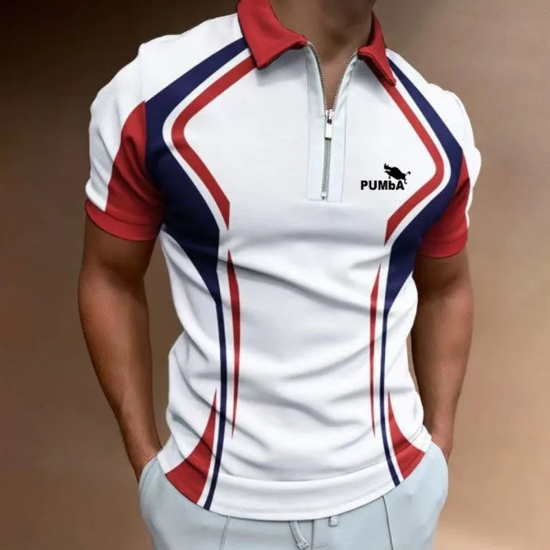 

Spring New Men's Polo Shirt Business Short Sleeve Casual Top Splicing Stripes Contrasting Color Lapel Zipper Large Size Sweatshi