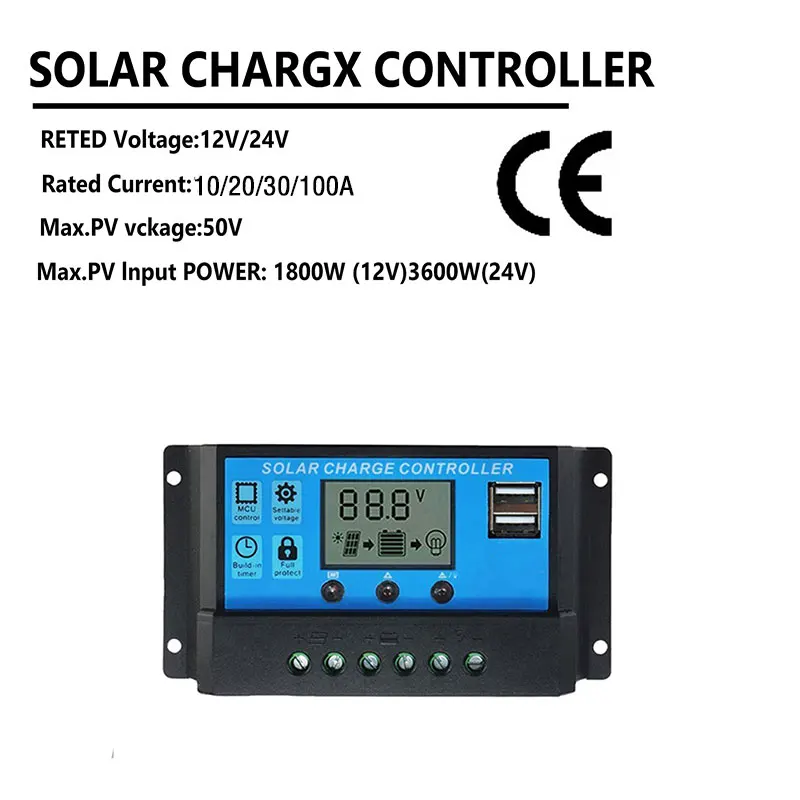 Солнечный Контроллер 12 В/24 В 10 А-30 А 100 ШИМ Регулятор С ЖК-дисплеем Двойной Выход USB