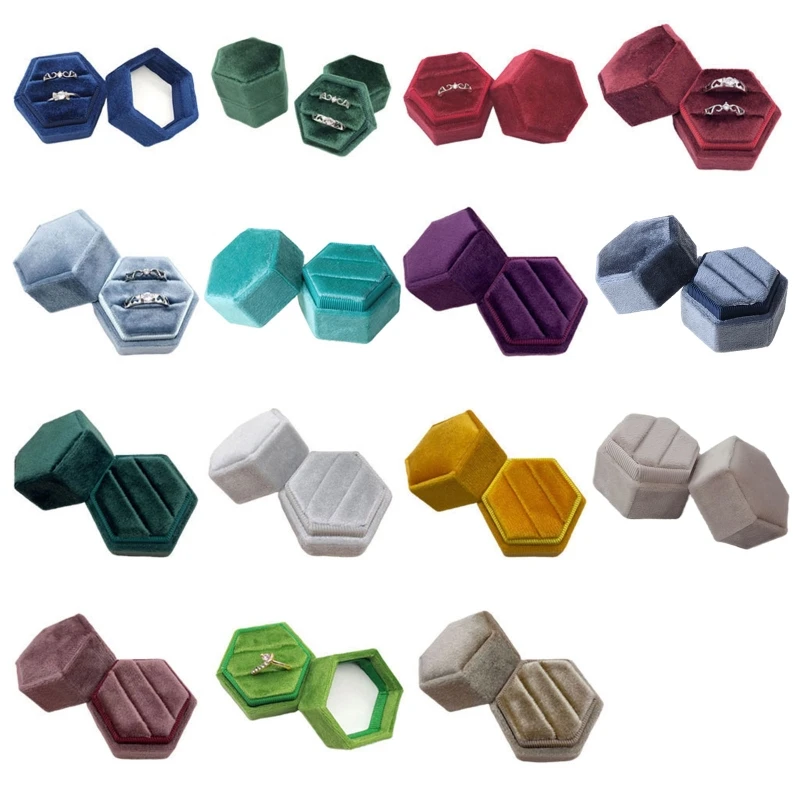 

41XF Hexagon Velvet Ring Bearer Box - Premium Gorgeous Vintage Double Ring Display Holder with Detachable Lid for Proposal