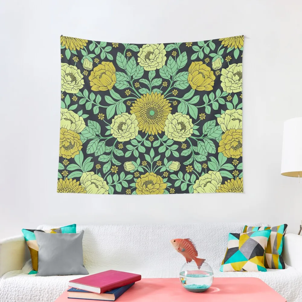Seafoam зеленый горчично-желтый и темно-синий гобелен с цветочным принтом домашний