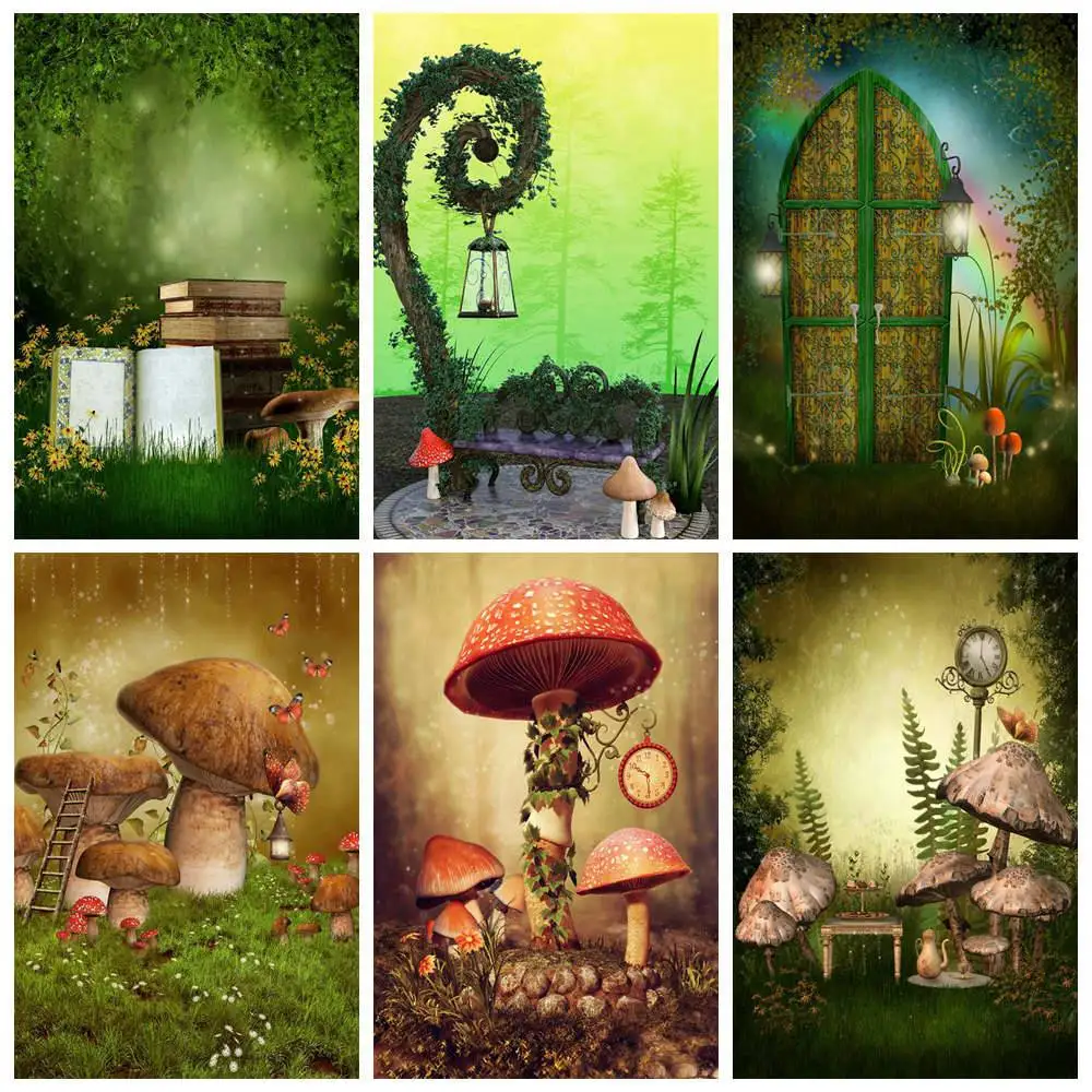 

Birthday Decoration Photography Backdrops Stand Custom Fairy Forest Green Grass Magic Books Red Mushroom Party Photo Backgrounds