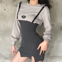 fdfklak 2022 spring autumn new women solid color self cultivation high waist fashion round neck long sleeved suspender dress