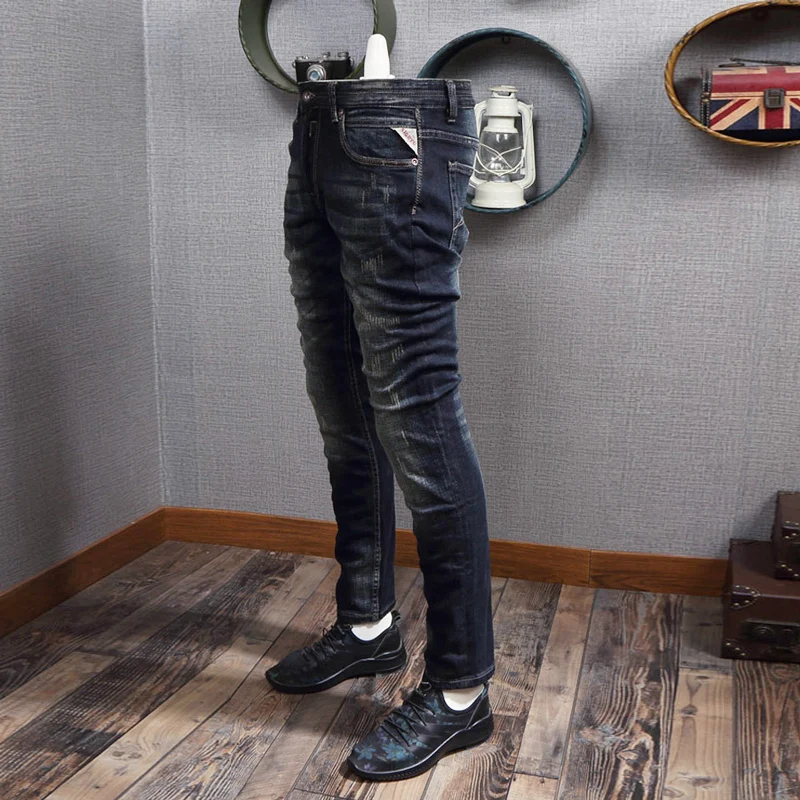 Fashion Designer Men Jeans High Quality Retro Black Blue Stretch Slim Fit Ripped Jeans Men Vintage Casual Denim Pants Hombre