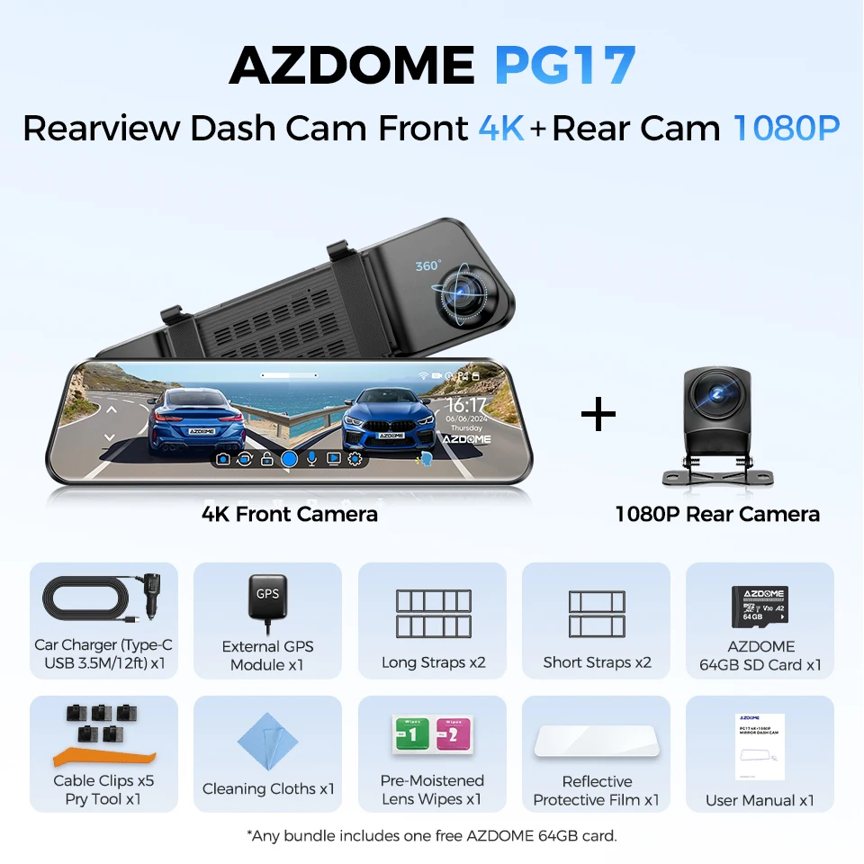 

AZDOME PG17 12-дюймовый Wi-Fi зеркальный видеорегистратор 4K, передняя и 1080P зеркальная камера заднего вида для автомобилей, двойная камера, водонепроницаемая резервная камера
