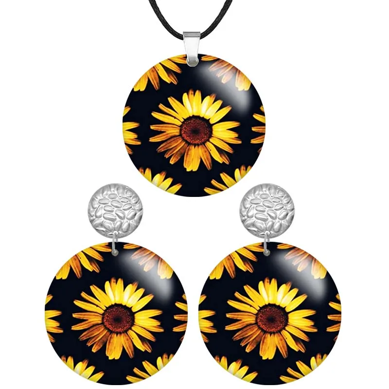 

Artistic Sunflower Image Round Wooden Pendant Necklaces & Earrings For Women Stainless steel Piercing Jewelry Sets N9161