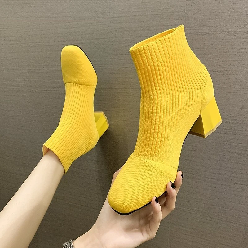 

Women's Elastic Socks Boots Fashion Knit Breathable Fall Ankle Boots 2022 New Square Toe Chunky Heels Women's Bare Boots Wedges