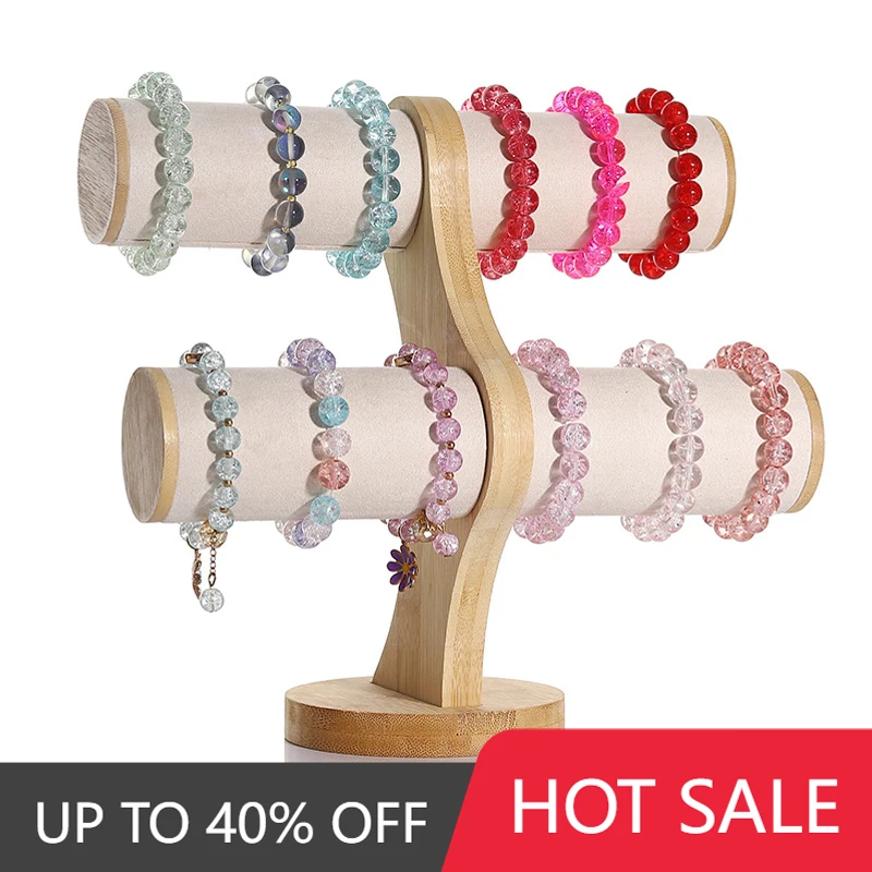 2 Tiers Display T Bar Stand Home Bracelets Organization Jewelry Showcase Watch Storage Bangle Organizer Table Top Wooden Holder
