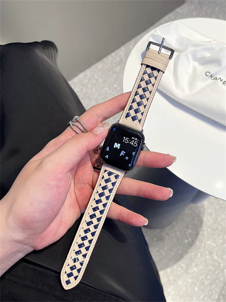 

Ремешок кожаный в ретро-стиле для Apple Watch 8 6 Se 7 5 4, Плетеный контрастный сетчатый Браслет для Iwatch 40 мм 41 мм 38 мм 49 мм, Осень-зима