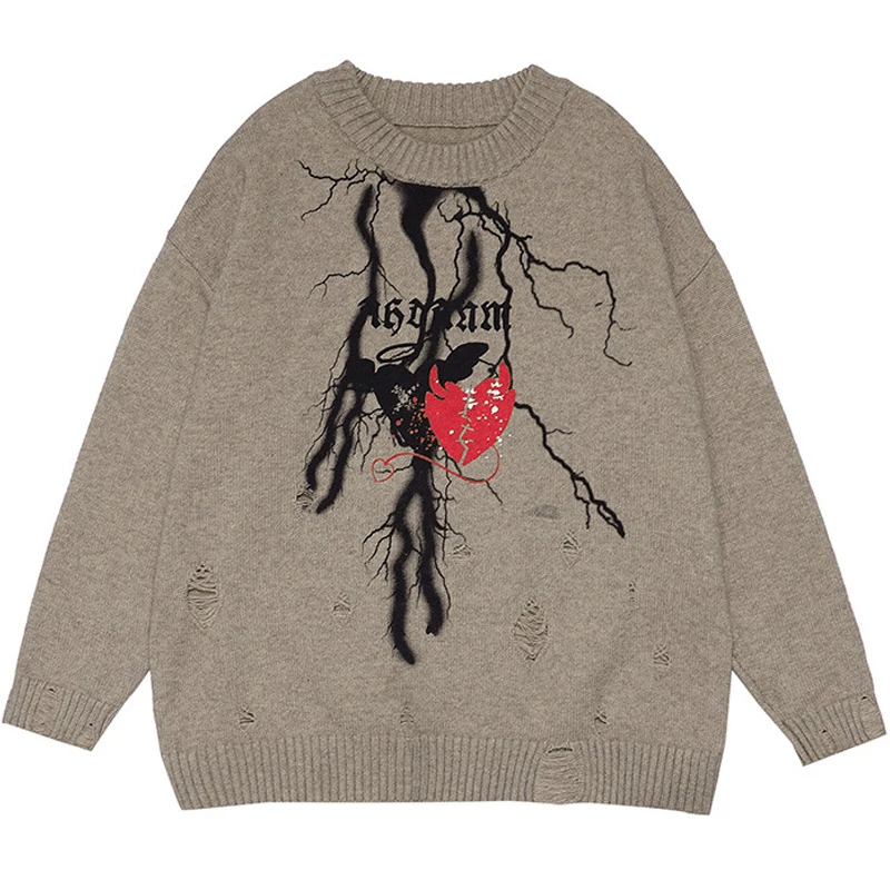 

High Street Knitted Sweater Men Lightning Heartbreak Print Pullover Women Vintage Causal Sweaters Oversized Streetwear Spring