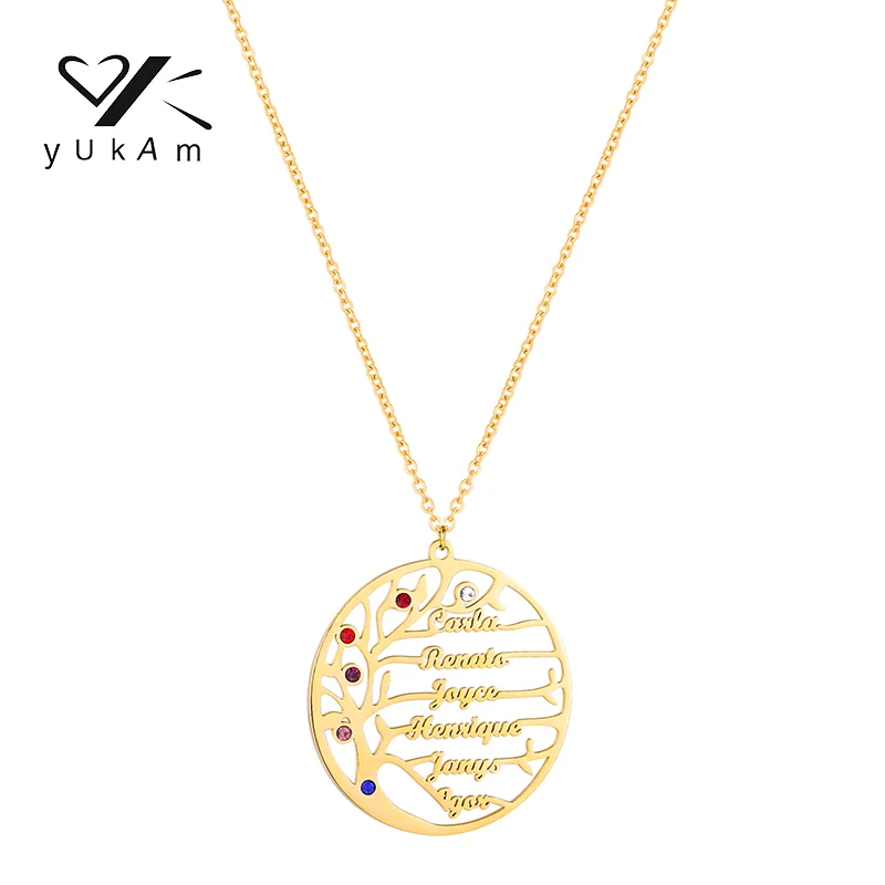 YUKAM Round Customized Necklace Small Color Diamond Inlay Personalized Customizable Name Special Women Valentine Stainless Steel