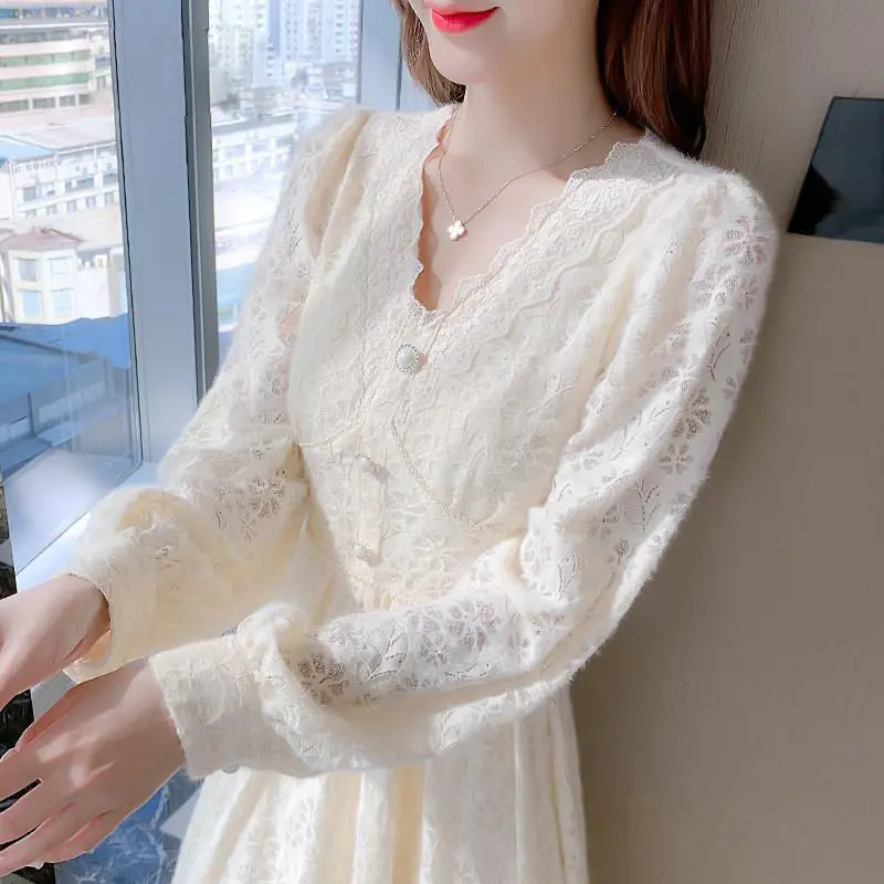 

Women Dress Lace V-neck Vintage Sexy Apricot Elastic Waist Long Sleeve Loose Casual Clothing Vestidos Woman Spring Autumn E264