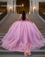 pink handmade flowers ball gown quinceanera dresses off the shoulder appliques lace up back vestido de 15 anos sweet 16