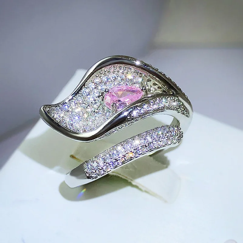 

New in 925 Silver Luxury Wedding Pink Gemstone Leaf Rings for Women Fashion Full Inlaid Shiny zircon Banquet Cocktail Jewelry