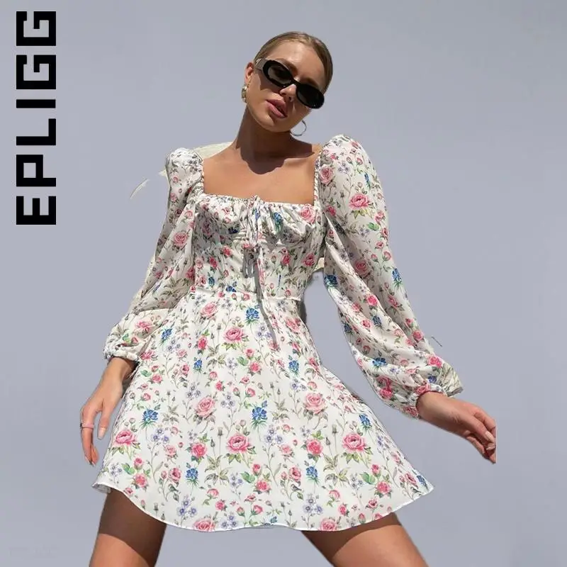 Платье Epligg женское ТРАПЕЦИЕВИДНОЕ с цветочным принтом и рюшами |