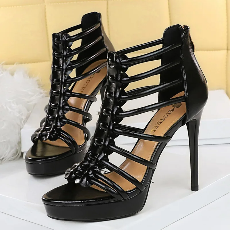 

Summer Women Fetish 12cm High Heels 2.5cm Platform Sandals Peep Toe Gladiator Sandles Nightclub Party Vintage Cutout Prom Shoes