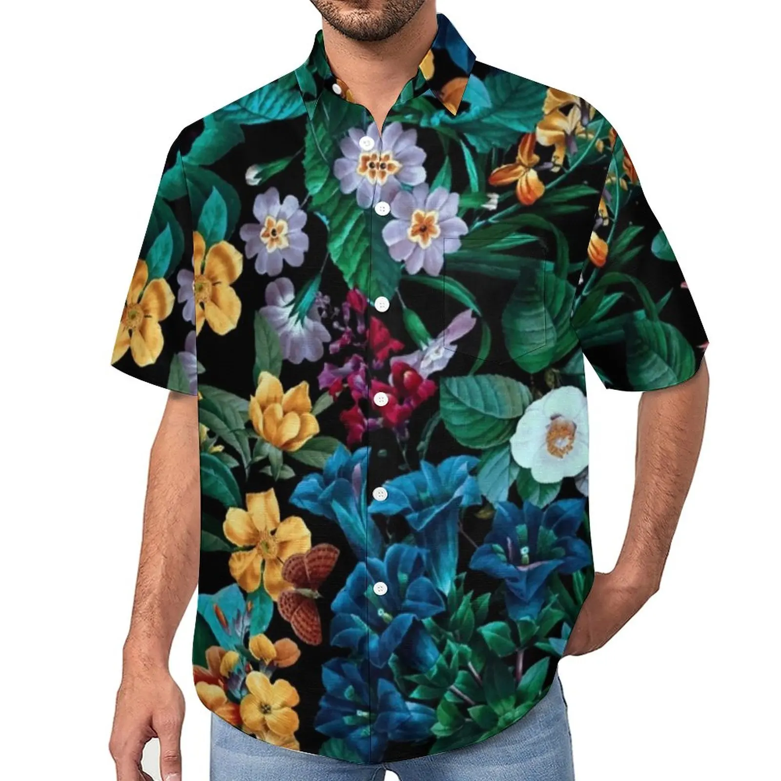 

Tropical Floral Print Casual Shirt Midnight Garden Vacation Loose Shirt Hawaiian Street Style Blouses Short-Sleeve Oversize Tops