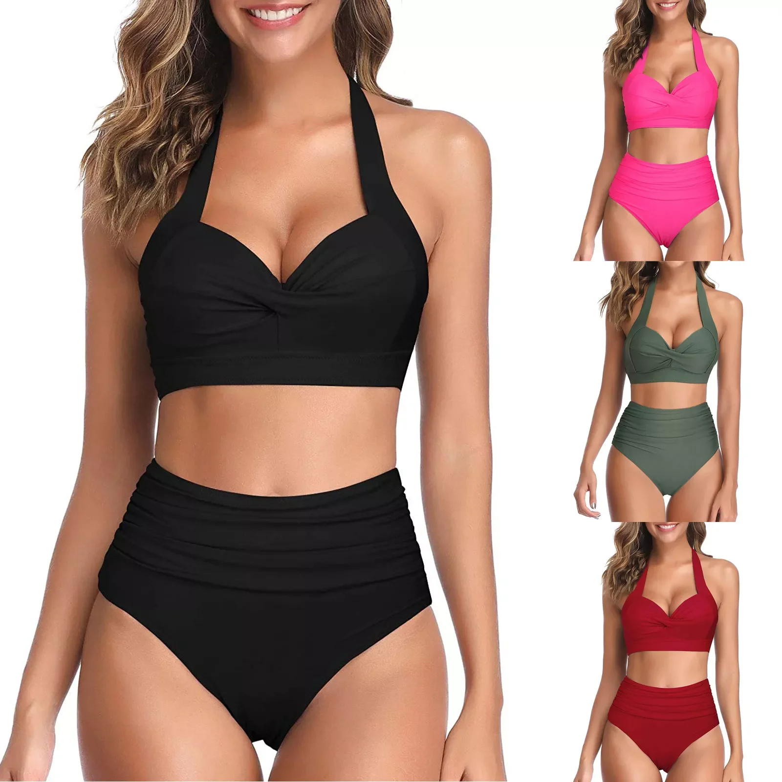 

NEW IN Bikini Set Vintage Sexy Swimsuit Two Piece Retro Halter Swimwear Women Ruched High Waisted Print Bikini Топик Женский