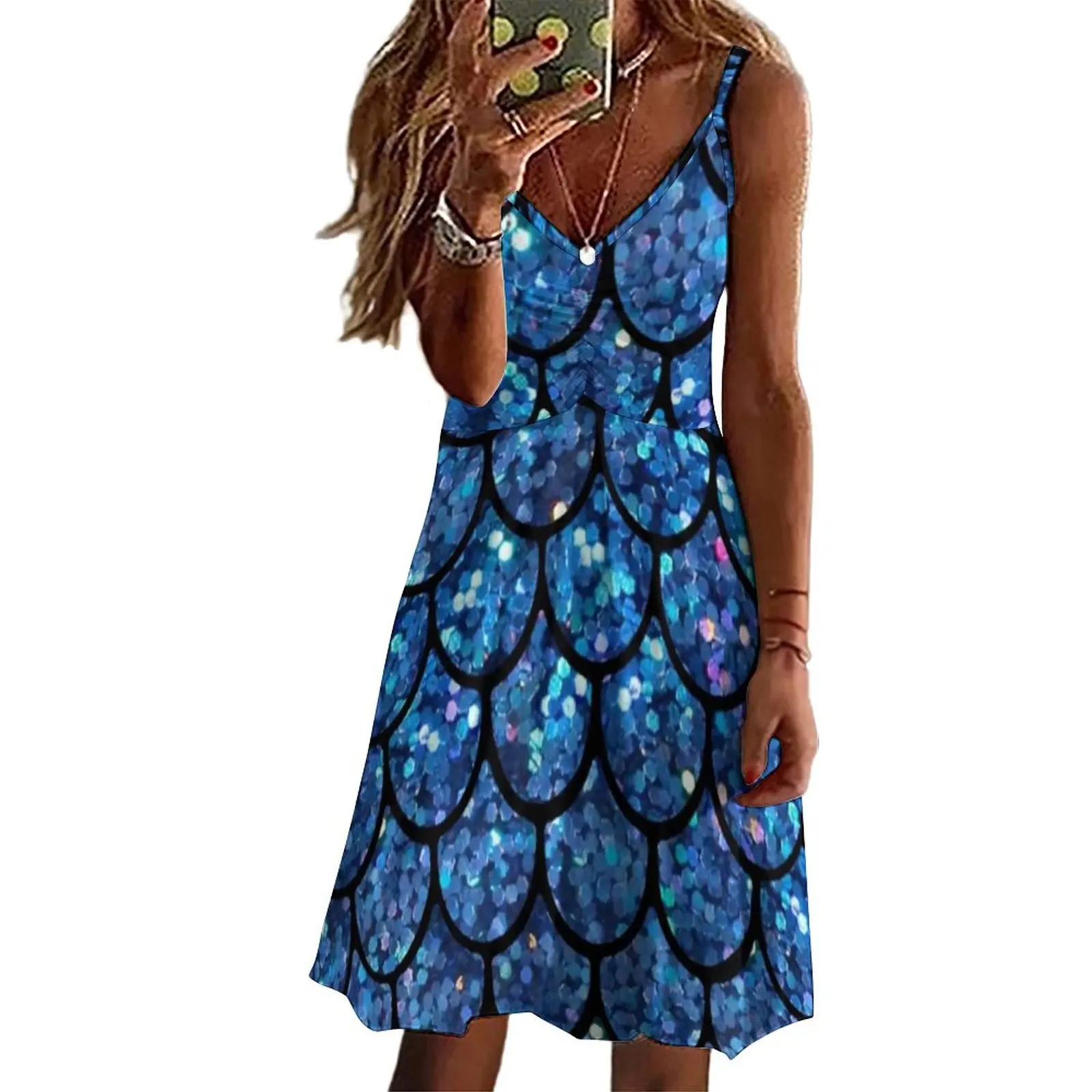 

Женское блестящее платье с юбкой годе, синее блестящее платье с животным принтом, праздничное пляжное Повседневное платье на бретельках, по...