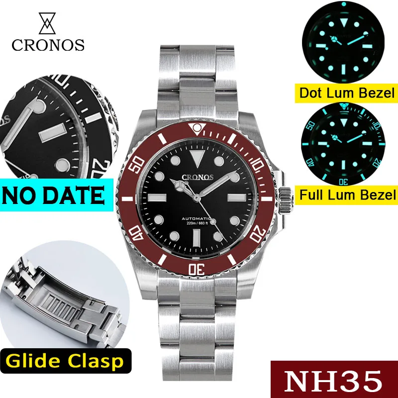 Cronos Sub Diver Men Watch No Date NH35 Sapphire Cyclops Ceramic Bezel 20 ATM Glideclasp Latest Version